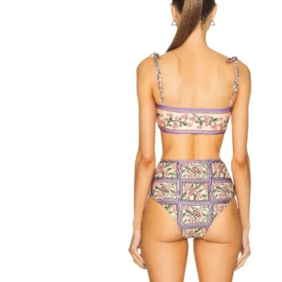 Unbranded Womens High Waist Bandeau Bikini Pink Combo Bird Floral M New - Picture 3 of 6